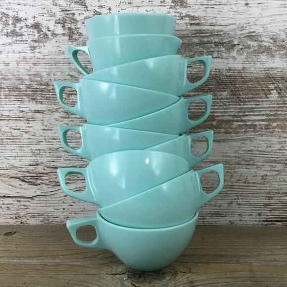 8 Coffee Cups Sun Valley Melmac Aqua Turquoise & Creamer Sugar Bowl Lid Vintage - Picture 9 of 9